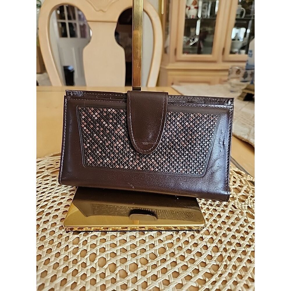 Vintage Rolfs Genuine Leather Bifold Wallet Organizer Brown Kiss Lock Coin Purse